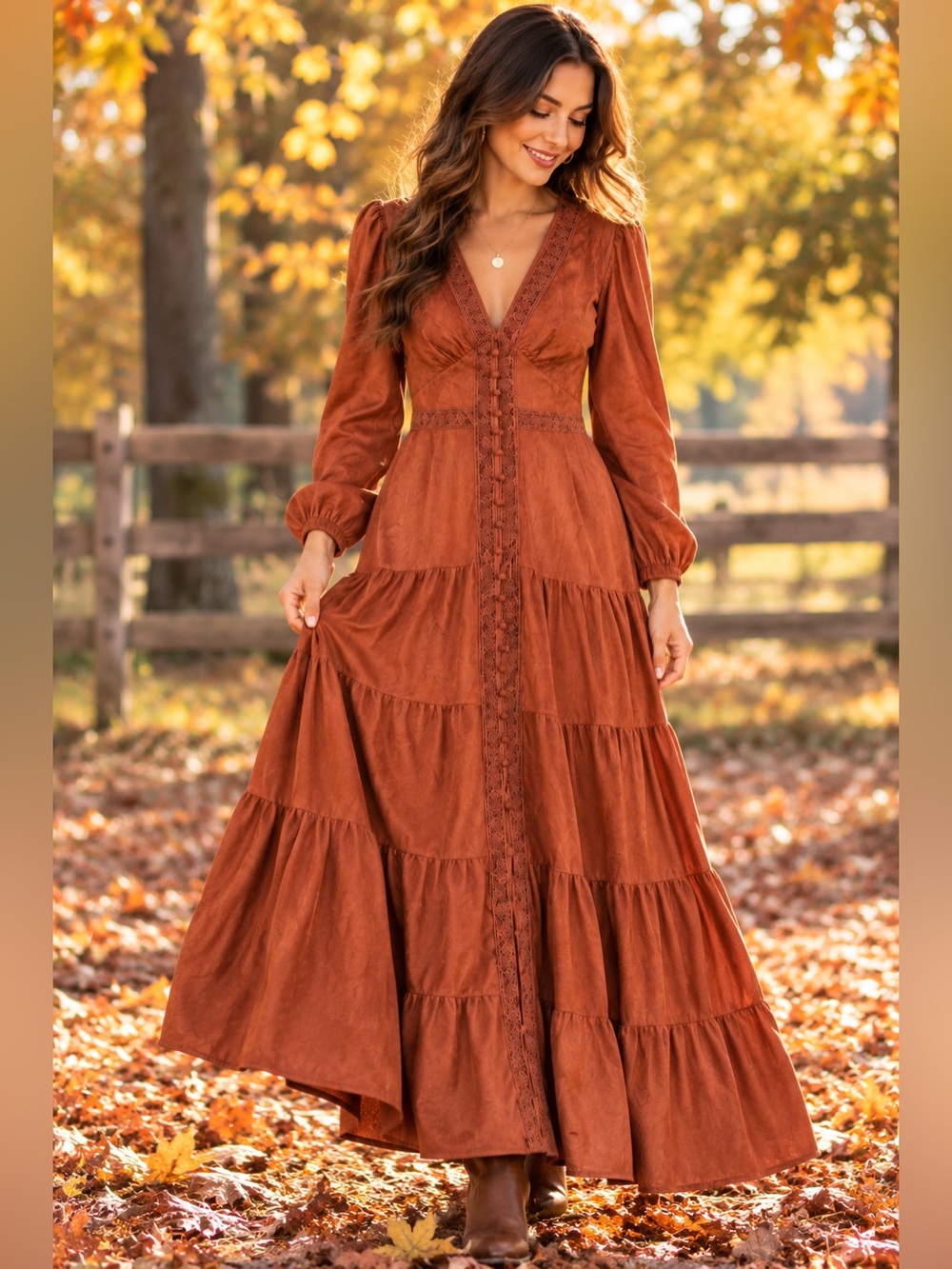 CIDER NWT XL Rust Brown Lace Trim Tiered Maxi Dress Perfect Fall Boho
